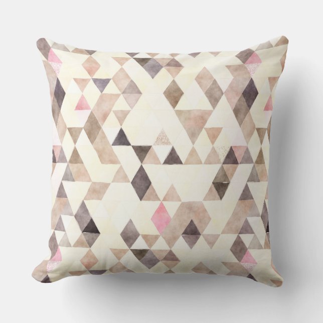 Coussin Aquarelle Tan Mocha Crème Motif Triangles Rose (Recto)