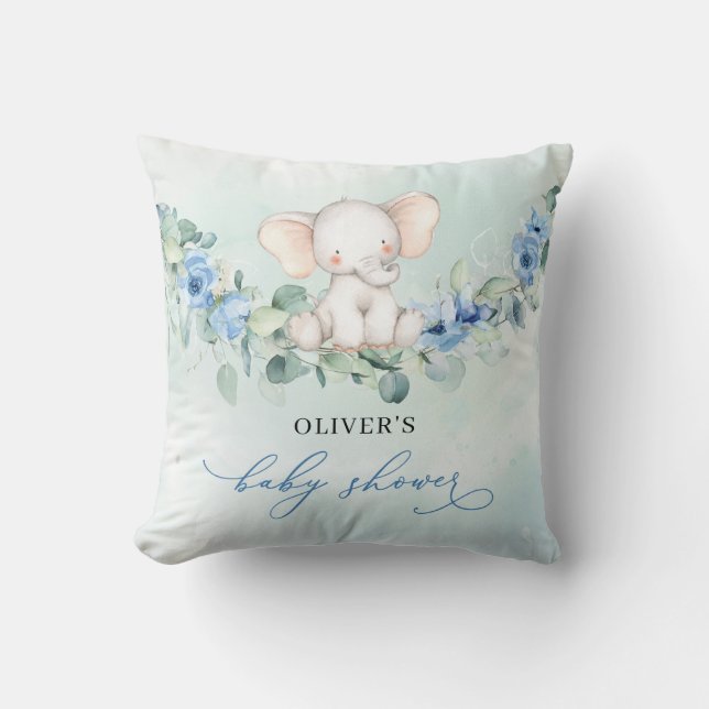 Coussin Aquarelle tendance éléphant bleu floral eucalyptus (Recto)