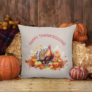 Coussin Aquarelle Thanksgiving Turquie et Citrouilles