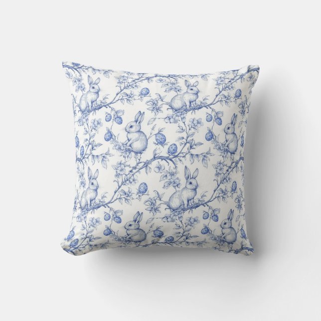 Coussin Aquarelle Toile De Jouy Bleu Bunny Pâques (Recto)