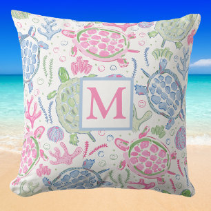 Coussin Aquarelle Tortues marines Monogramme océanique