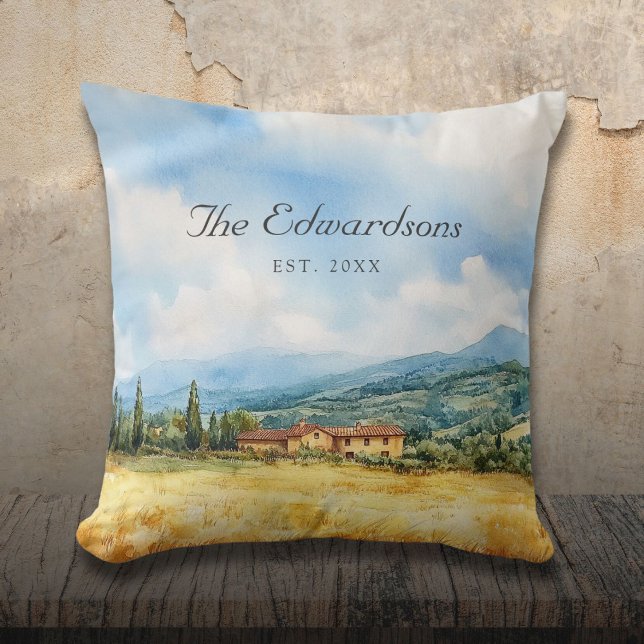 Coussin Aquarelle Toscan Méditerranée Nom de famille (Watercolor Tuscan Mediterranean Family Name Throw Pillow)