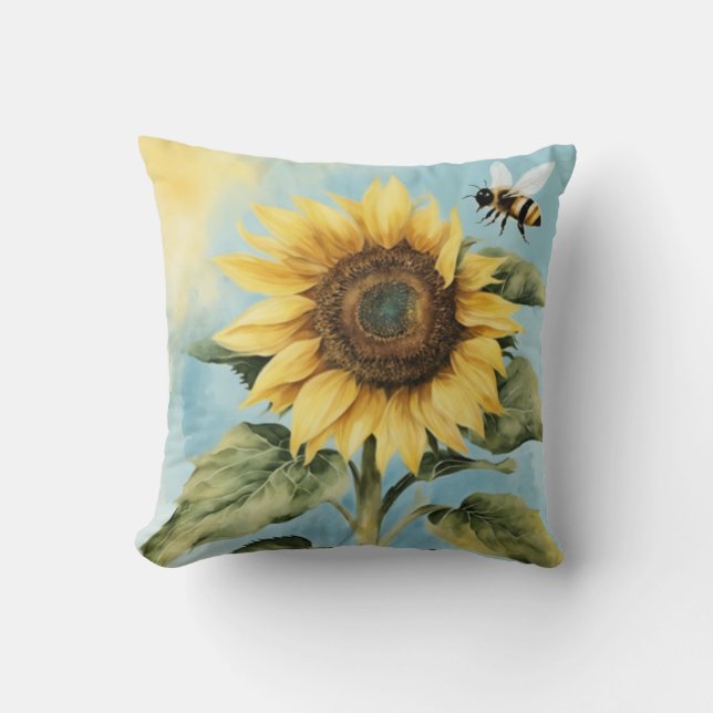 Coussin Aquarelle Tournesol et abeille (Recto)