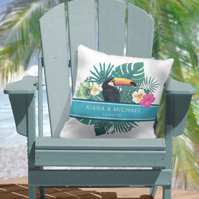 Coussin Aquarelle Tropical avec Mariage Toucan ID Turquois (Créateur téléchargé)