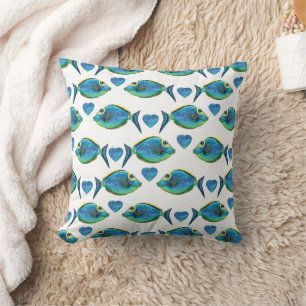 Coussin Aquarelle Tropical Blue Fish and Hearts
