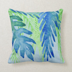 Coussin Aquarelle Tropical Feuilles Beach Ocean Blue Green