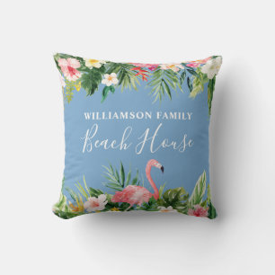 Coussin Aquarelle Tropical Floral Family Beach House Bleu