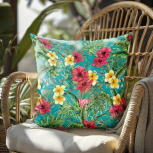 Coussin Aquarelle Tropical Floral Palm Feuille Turquoise