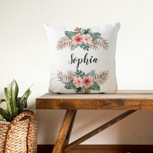 Coussin Aquarelle Tropical Floral Wreath Texte personnalis