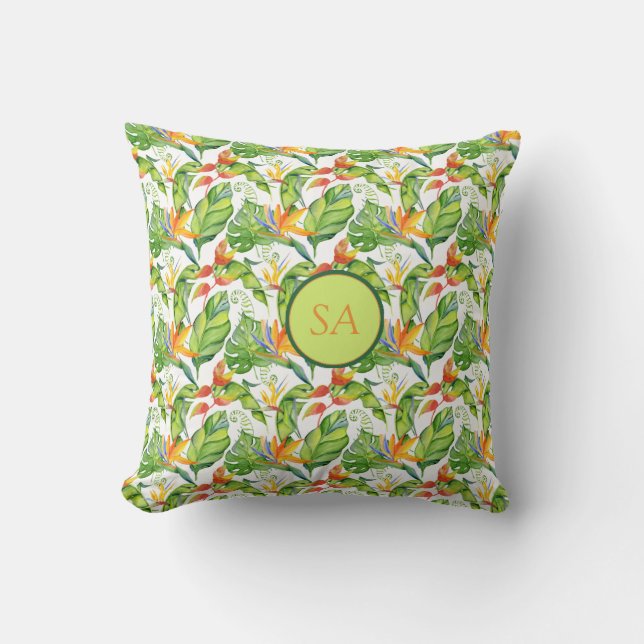Coussin Aquarelle Tropical Green Monstera & Feuilles orang (Recto)