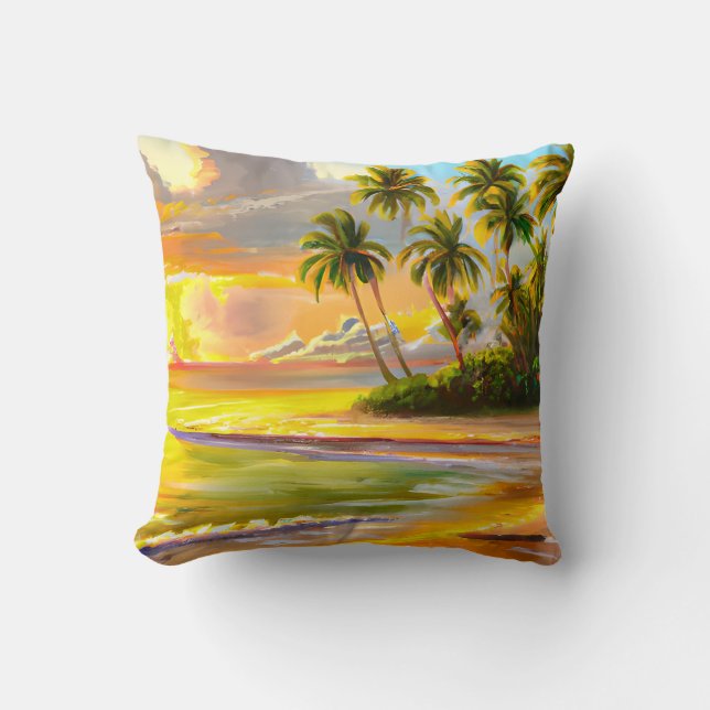Coussin Aquarelle Tropical Palm Trees Beach Sunset (Recto)