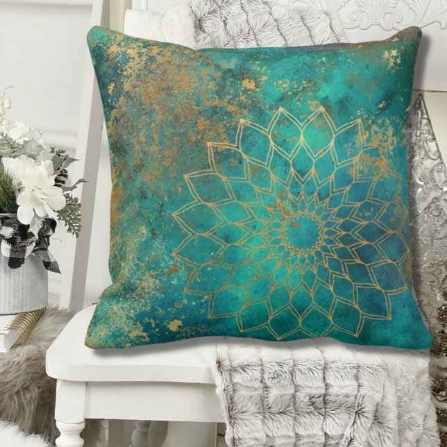 Coussin Aquarelle Turquoise Abstraite Grunge d'or Mandala (Créateur téléchargé)