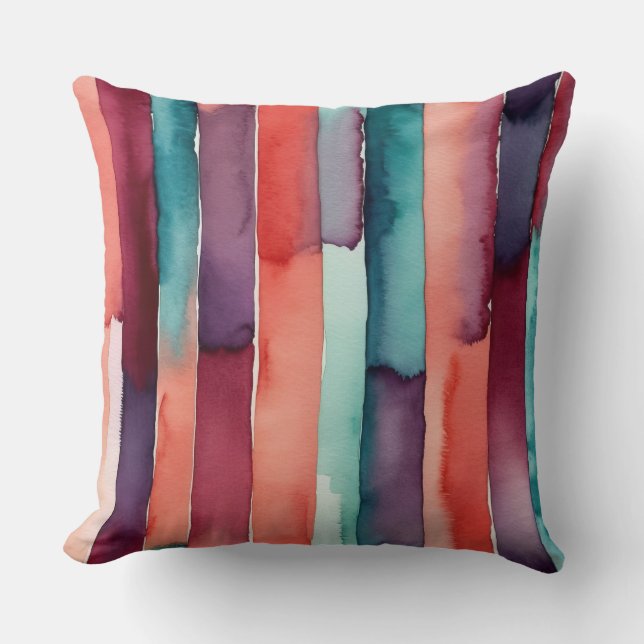 Coussin Aquarelle turquoise, bordeaux, pêche et violet (Recto)