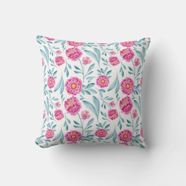 Coussin Aquarelle Turquoise rose vif Motif Floral été (Recto)