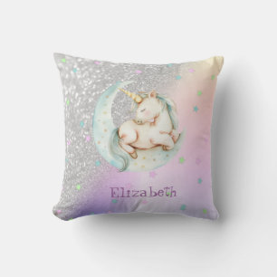 Coussin Aquarelle Unicorn Lune Étoiles, Argent Parties sci