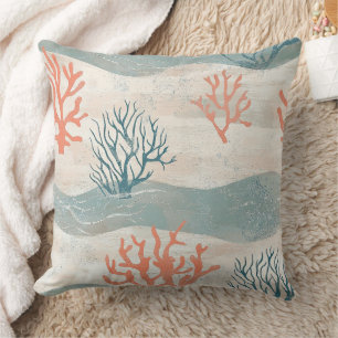Coussin Aquarelle Vagues de Corail et Coquillages Côtiers 