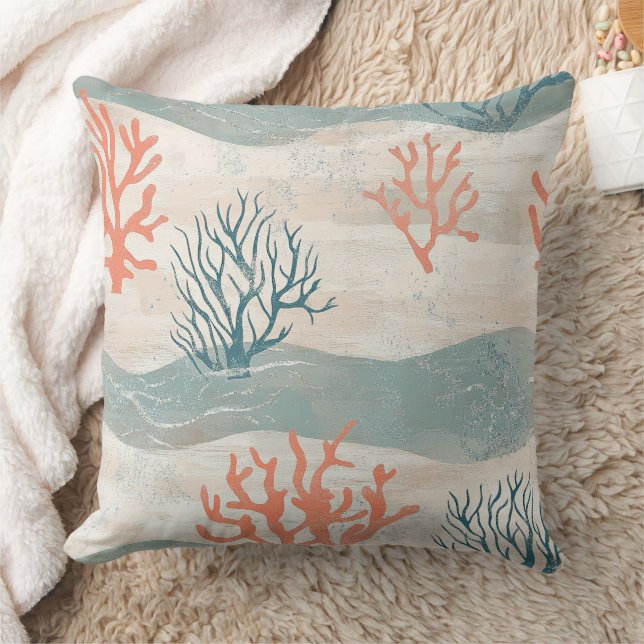 Coussin Aquarelle Vagues de Corail et Coquillages Côtiers  (Couverture)