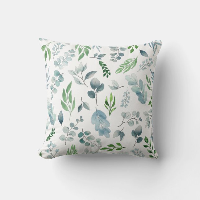 Coussin Aquarelle Vert Bleu Vert Feuille Botanique (Recto)