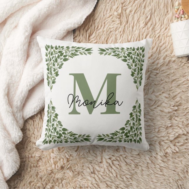 Coussin Aquarelle Vert Feuille bundle Lettre M Monogramme (Couverture)