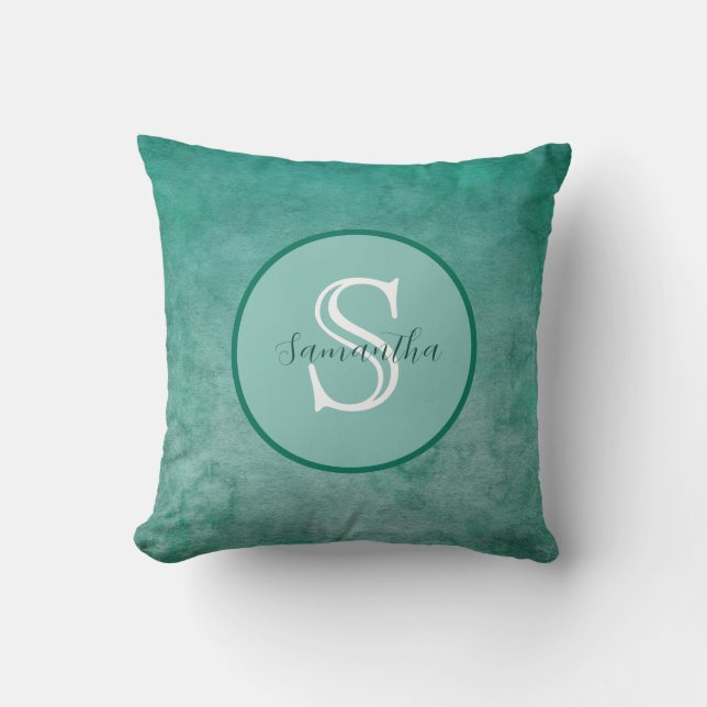 Coussin Aquarelle vert foncé Monogramme personnalisé (Recto)