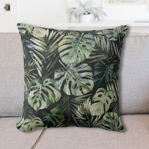 Coussin Aquarelle Vert Forêt tropicale Feuille Motif