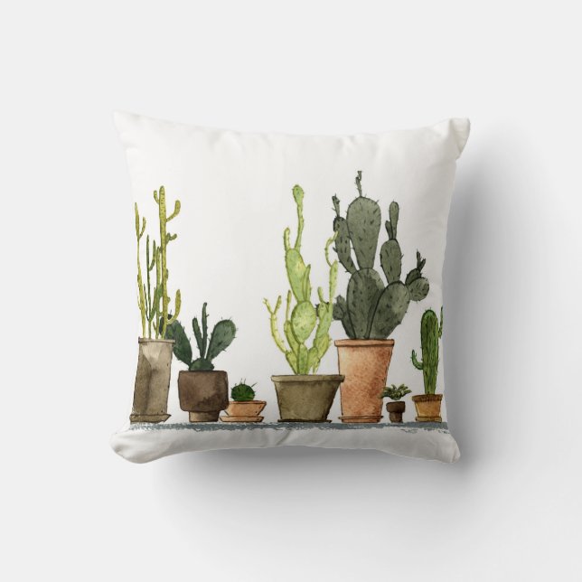 Coussin Aquarelle verte Cactus : Pots tirés à la main (Recto)