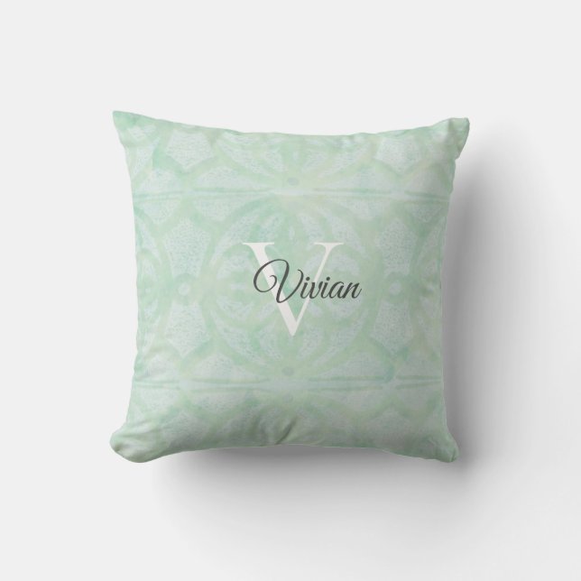 Coussin Aquarelle verte de la menthe douce Nom du monogram (Recto)