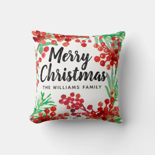 Coussin Aquarelle verte de Noël Baies rouges Holly