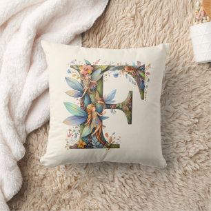 Coussin Aquarelle verte Fées Monogramme Lettre F