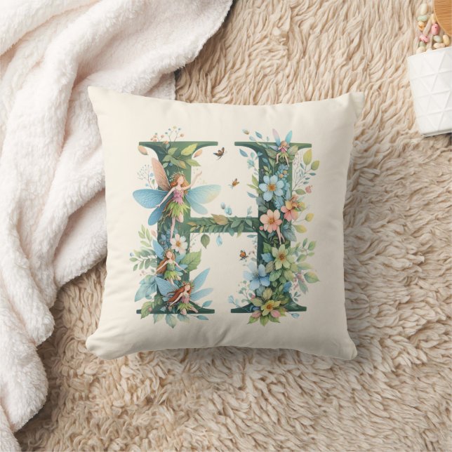 Coussin Aquarelle verte Fées Monogramme Lettre H (Couverture)