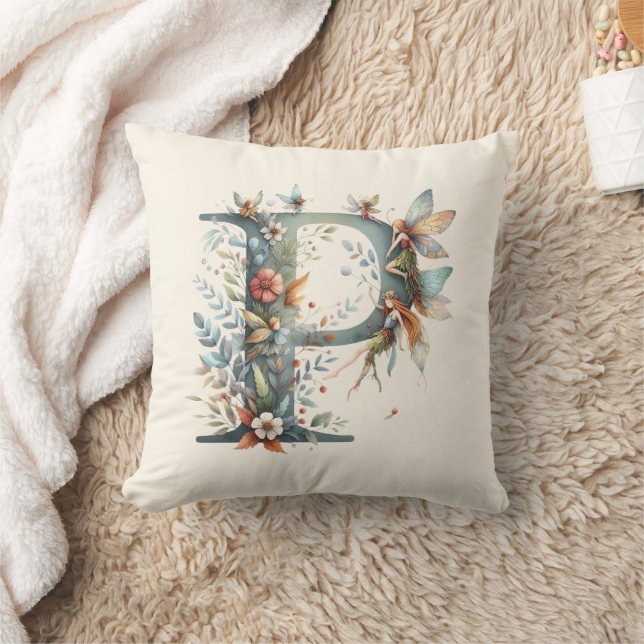 Coussin Aquarelle verte Fées Monogramme Lettre P (Couverture)