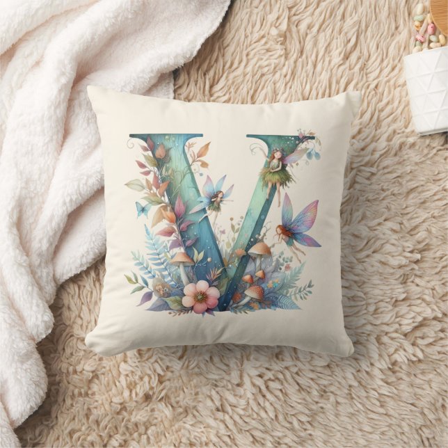 Coussin Aquarelle verte Fées Monogramme Lettre V (Couverture)