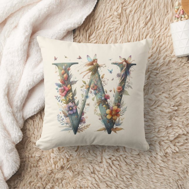 Coussin Aquarelle verte Fées Monogramme Lettre W (Couverture)