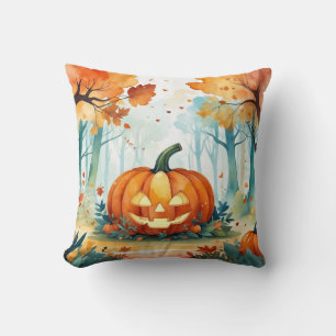 Coussin Aquarelle verte orange Forêt Citrouille d'automne