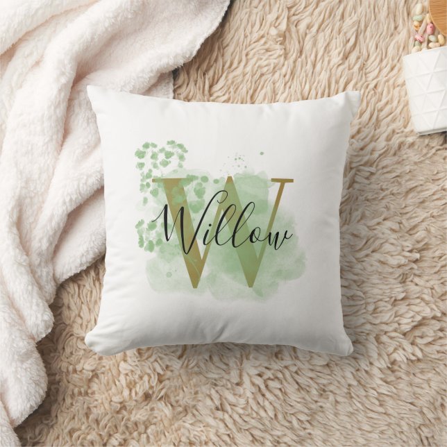 Coussin Aquarelle verte personnalisée et initiale florale (Couverture)