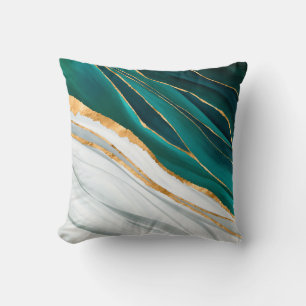 Coussin Aquarelle verte, turquoise et or de minuit