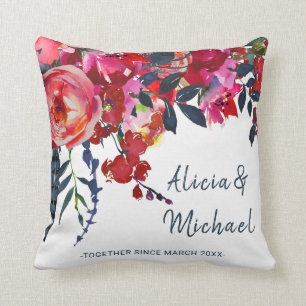 Coussin Aquarelle vibrante boho chic fleurs de marine roug