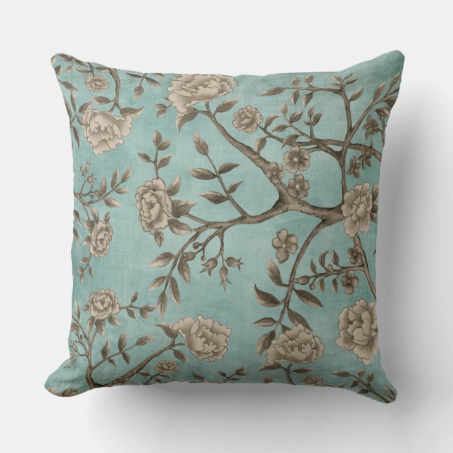 Coussin Aquarelle Vintage Chinoiserie Turquoise Bird & Flo (Recto)