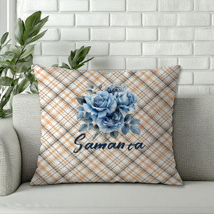 Coussin Aquarelle vintage écossaise rose beige bleu