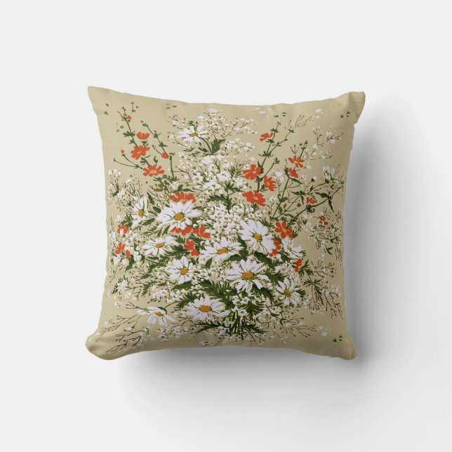 Coussin Aquarelle vintage Fleur sauvage Daisy Bouquet Beig (Recto)