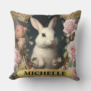 Coussin Aquarelle Vintage lapin blanc et roses roses roses