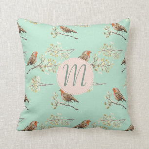 Coussin Aquarelle vintage Robins européens avec Monogramme