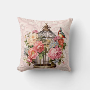 Coussin Aquarelle Vintage romantique Florale Birdcage