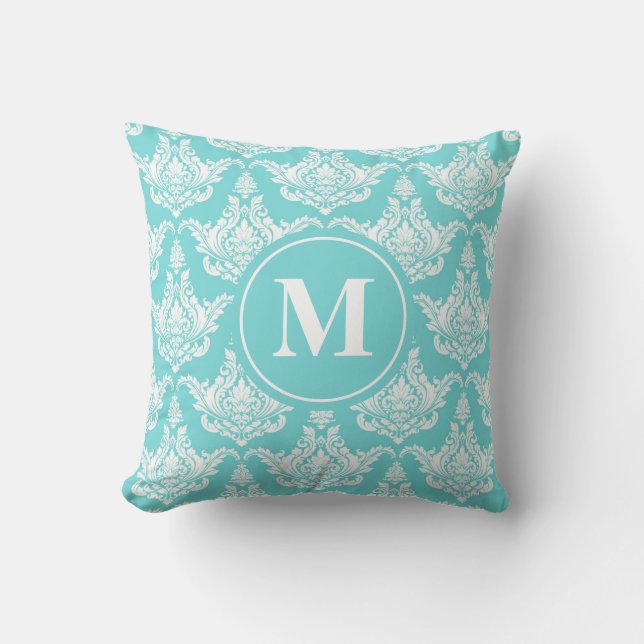 Coussin Aquarelle vintage Turquoise Damask Monogramme (Recto)