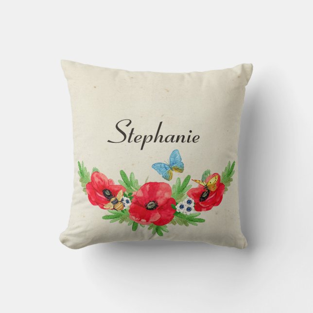 Coussin Aquarelle Vintage Whimsical Rouge Poppy avec nom (Recto)