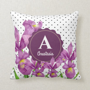 Coussin Aquarelle violet Iris noir blanc Pois
