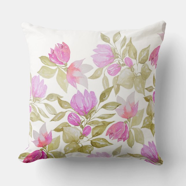 Coussin Aquarelle violet rose Fleurs peintes à la main (Recto)