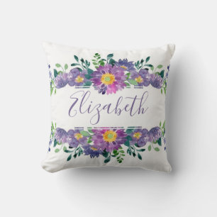 Coussin Aquarelle violette florale personnalisée