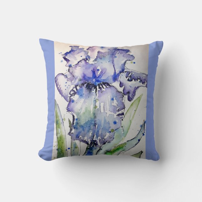 Coussin Aquarelle violette Iris Irises Floral Art Cushion (Recto)