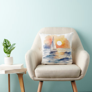 Coussin Aquarelle Voilier Voilier Nautique Coucher de sole